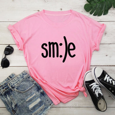 S-5XL Plus Size TShirt Women New Smile Letter Printed Shirt O Neck Short Sleeve Tees Summer Top 100%cotton Women's T-shirts by Glamytek