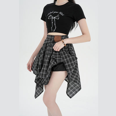 Asymmetrical Plaid A-Line Skirt with Tie Straps by Glamytek