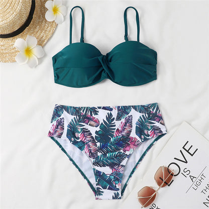 Women's High Waist Bikini Swimsuit with Steel Bracket - Sexy Leopard Print & Floral Design