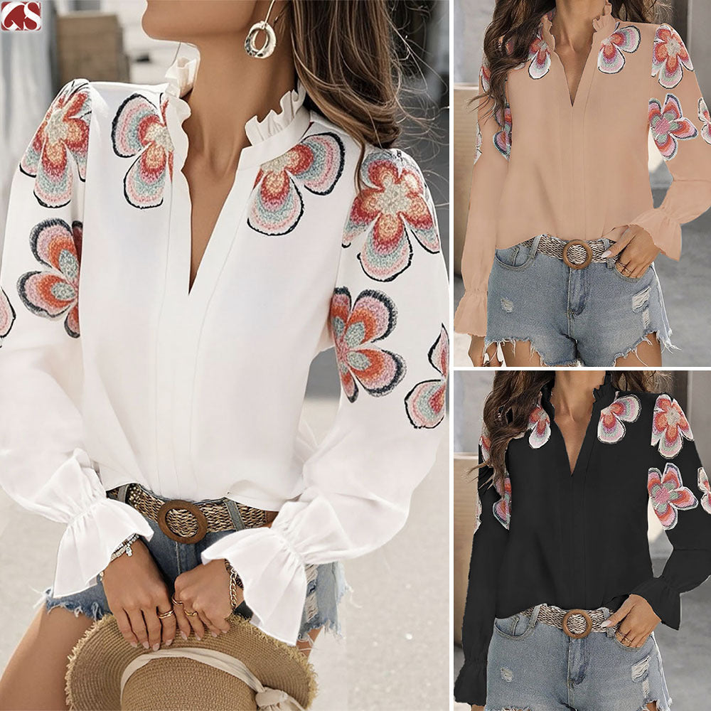 New Fashion V-neck Puff Sleeve Ruffles Blouse For Women by Glamytek