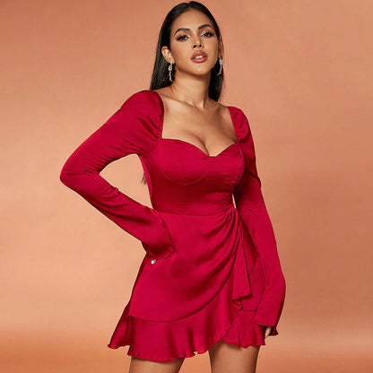 A slim, long-sleeved, ruffled and cute style dress