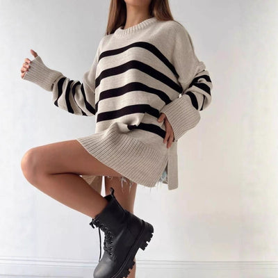 Casual Striped Loose Crew Neck Pullover Sweater Coat by Glamytek