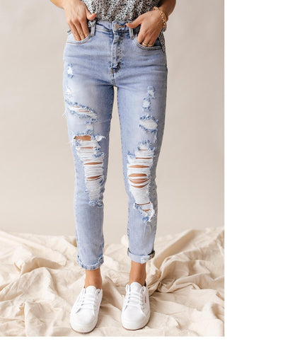 European And American Spring And Summer Leisure Fashion Holes High Waist Jeans For Women by Glamytek