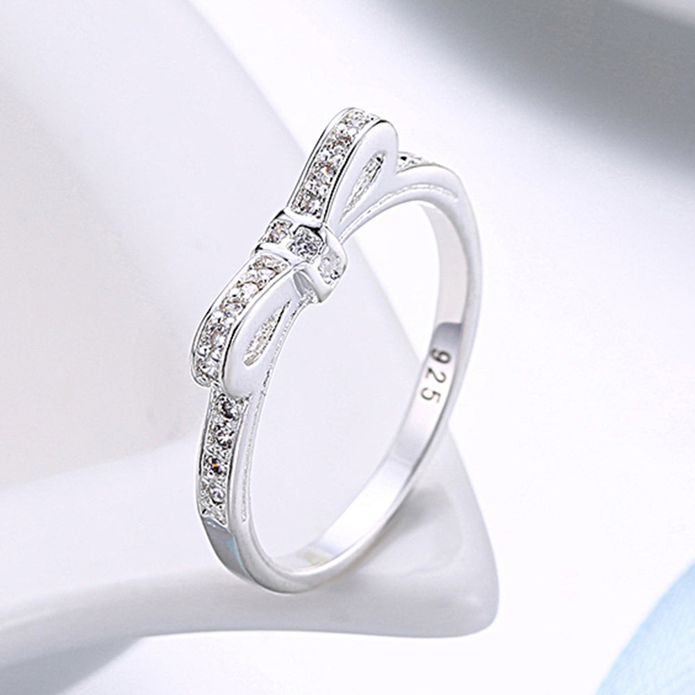 925 Sterling Silver Simple Bowknot Crystal Rings For Women by Glamytek