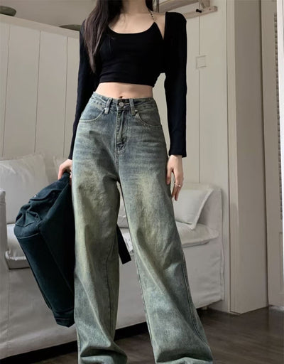 2025 New Retro Style, Washed Plain Loose Fit, Casual Style, Zipper Button Closure Jeans, Suitable For All Seasons, Versatile And Error Free. by Glamytek