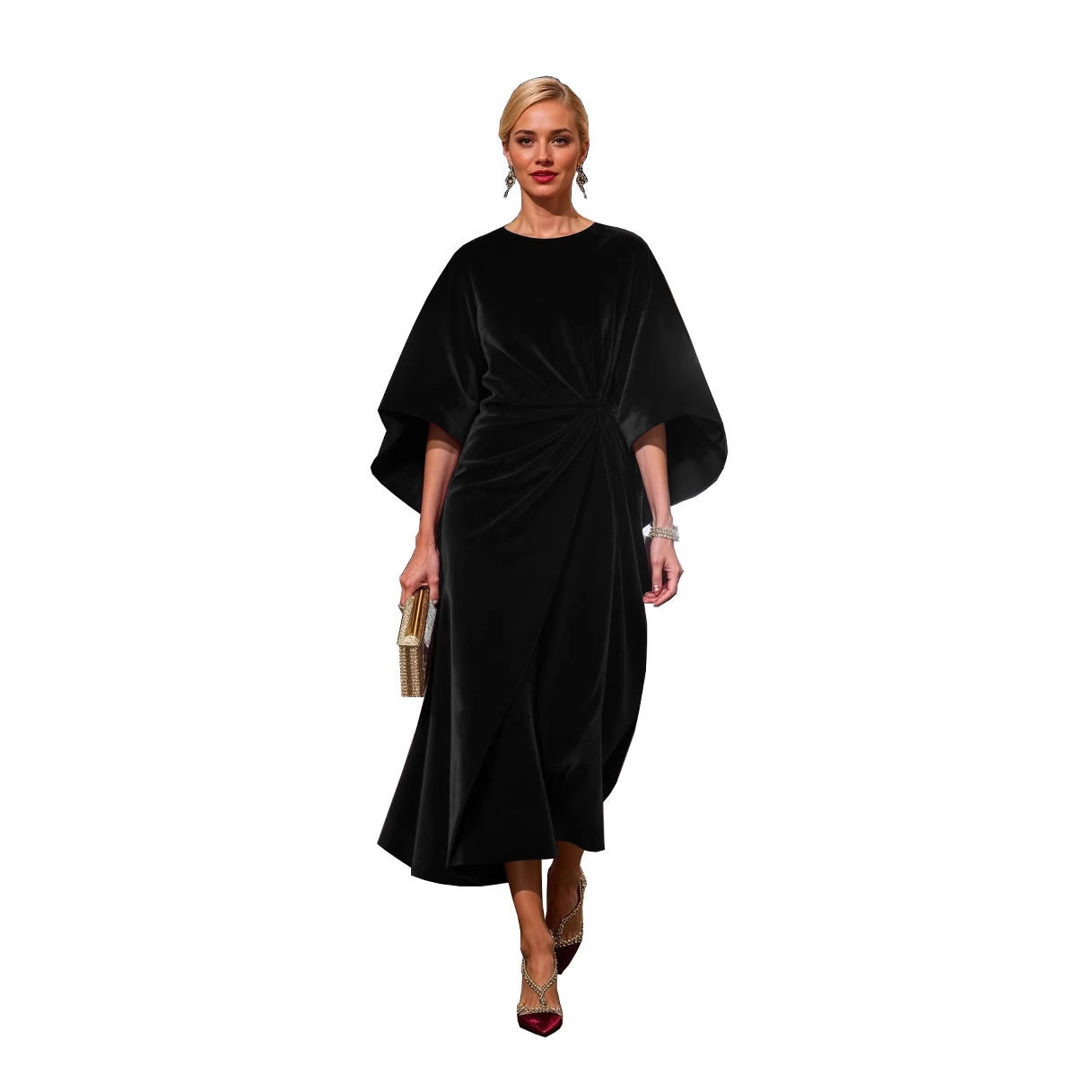 Women's Fashion Elegant Gold Velvet Waist-tight Batwing Sleeve Dress