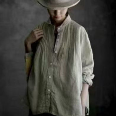 Women's Lapel Japanese Long Linen Sleeves Shirt by Glamytek