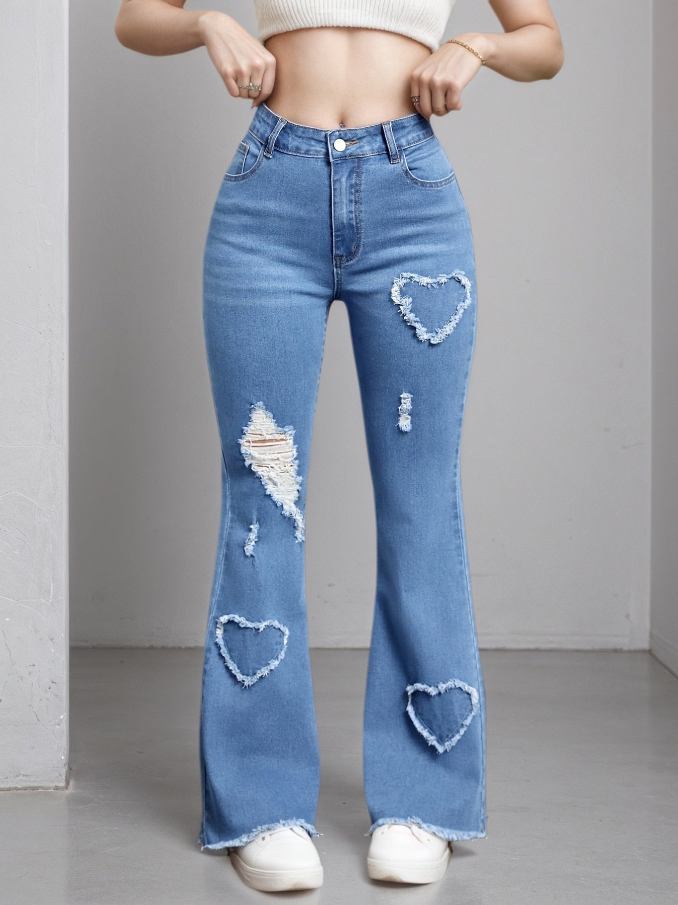 2025 New Women'S High-Stretch Flare Jeans With Heart Embroidery Patchwork - Trendy Distressed Denim Bell Bottoms, Comfortable & Versatile Light Blue Casual Pants,Fashion And Leisure by Glamytek