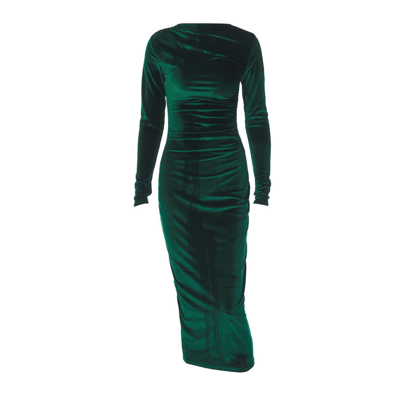 Solid-color fitted pleated round-neck long-sleeved dress by Glamytek