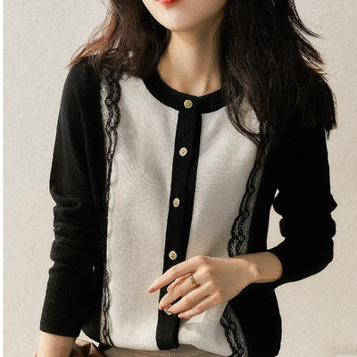 Slimming Lace Patchwork Round Neck Knitted Cardigan Sweater by Glamytek