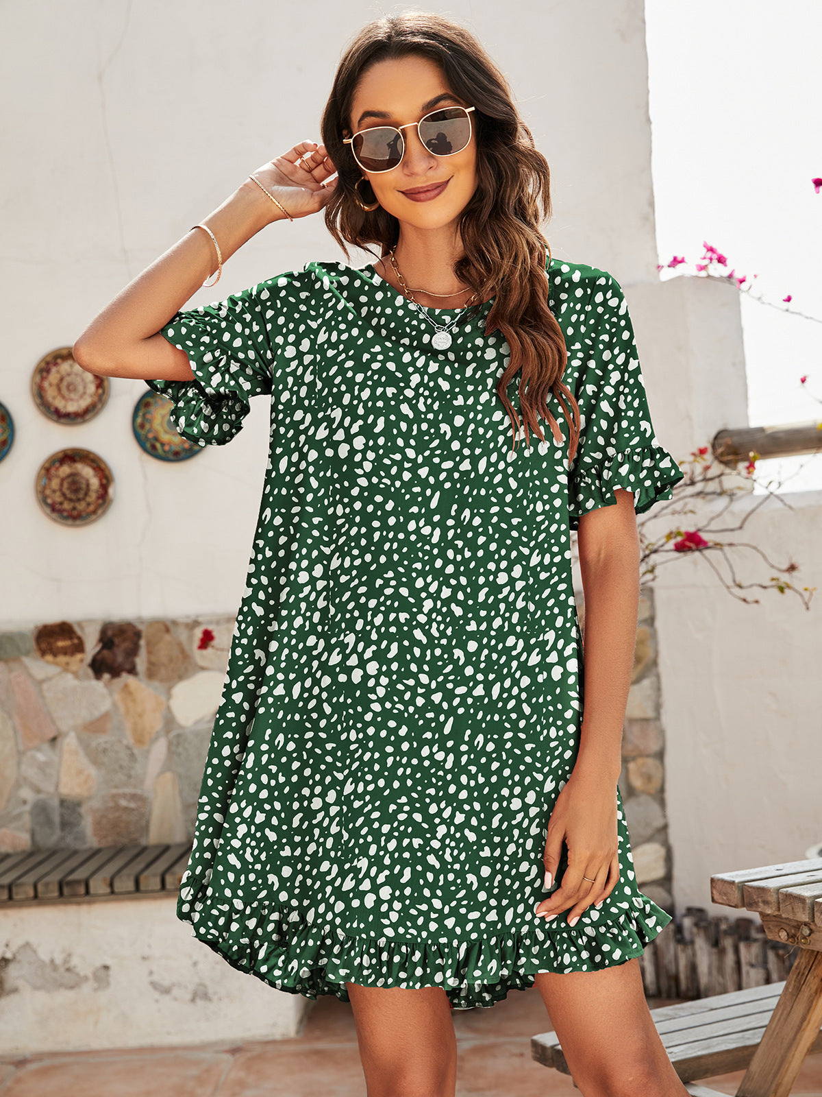Leopard Print Round Neck Short Front And Back Long Ruffle Dress Women by Glamytek