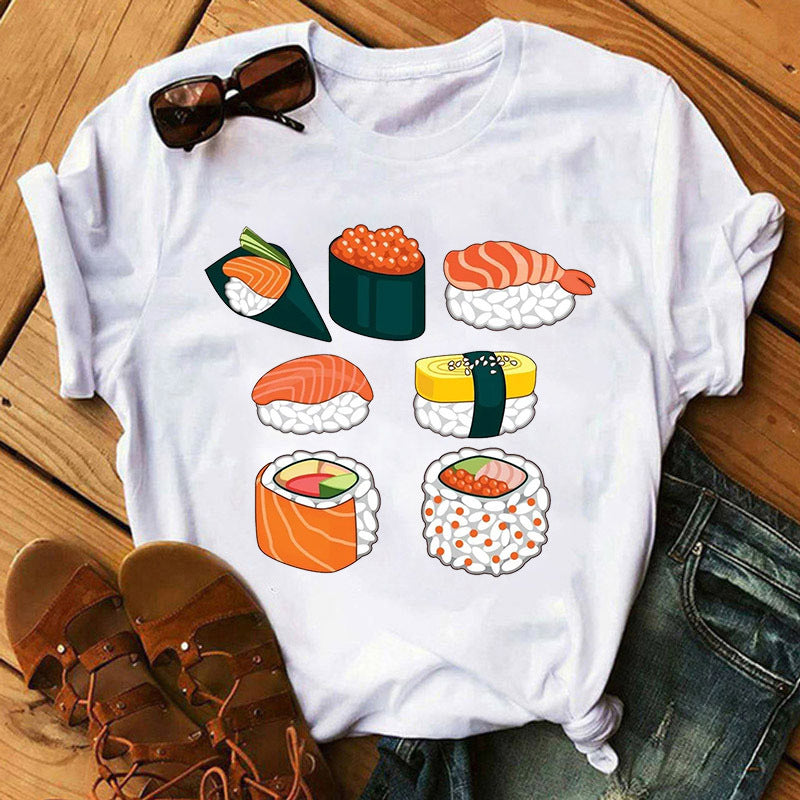 Summer Women Cute Sushi Hug Short Sleeve T-shirts by Glamytek