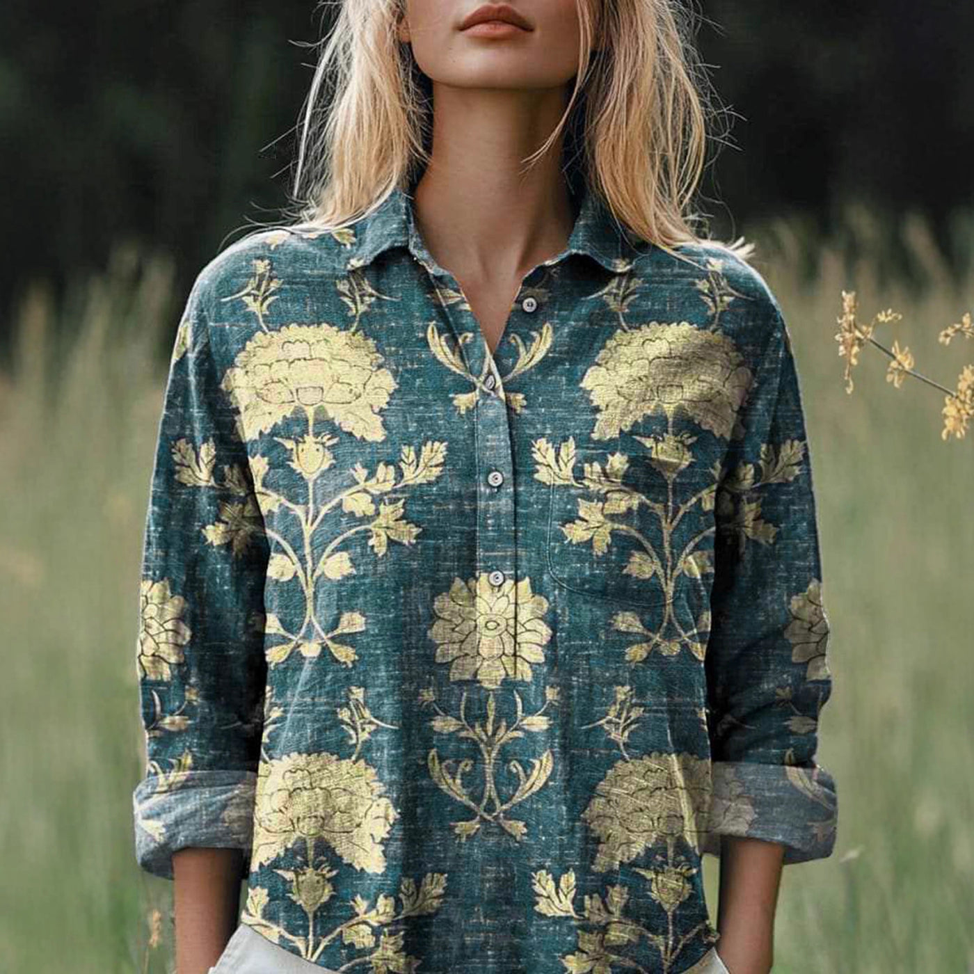 New Casual Printed Floral Button Polo Collar Top Shirt For Women by Glamytek