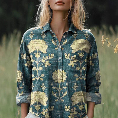 New Casual Printed Floral Button Polo Collar Top Shirt For Women by Glamytek