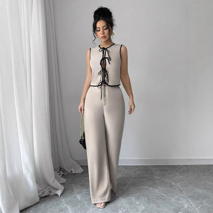 Sleeveless Lace-Up Top Wide-Leg Pants
