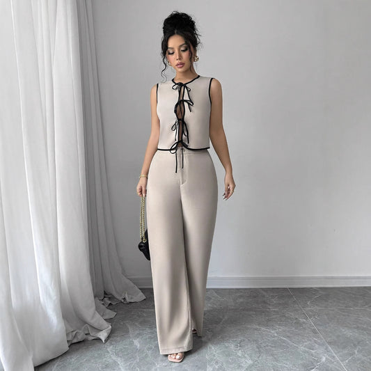 Sleeveless Lace-Up Top Wide-Leg Pants
