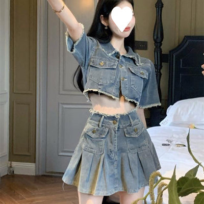 Washed Raw Edge Shirt Denim Suit by Glamytek