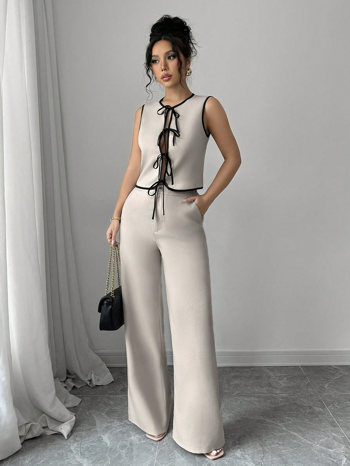 Sleeveless Lace-Up Top Wide-Leg Pants