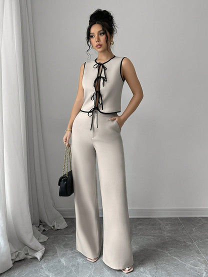 Sleeveless Lace-Up Top Wide-Leg Pants