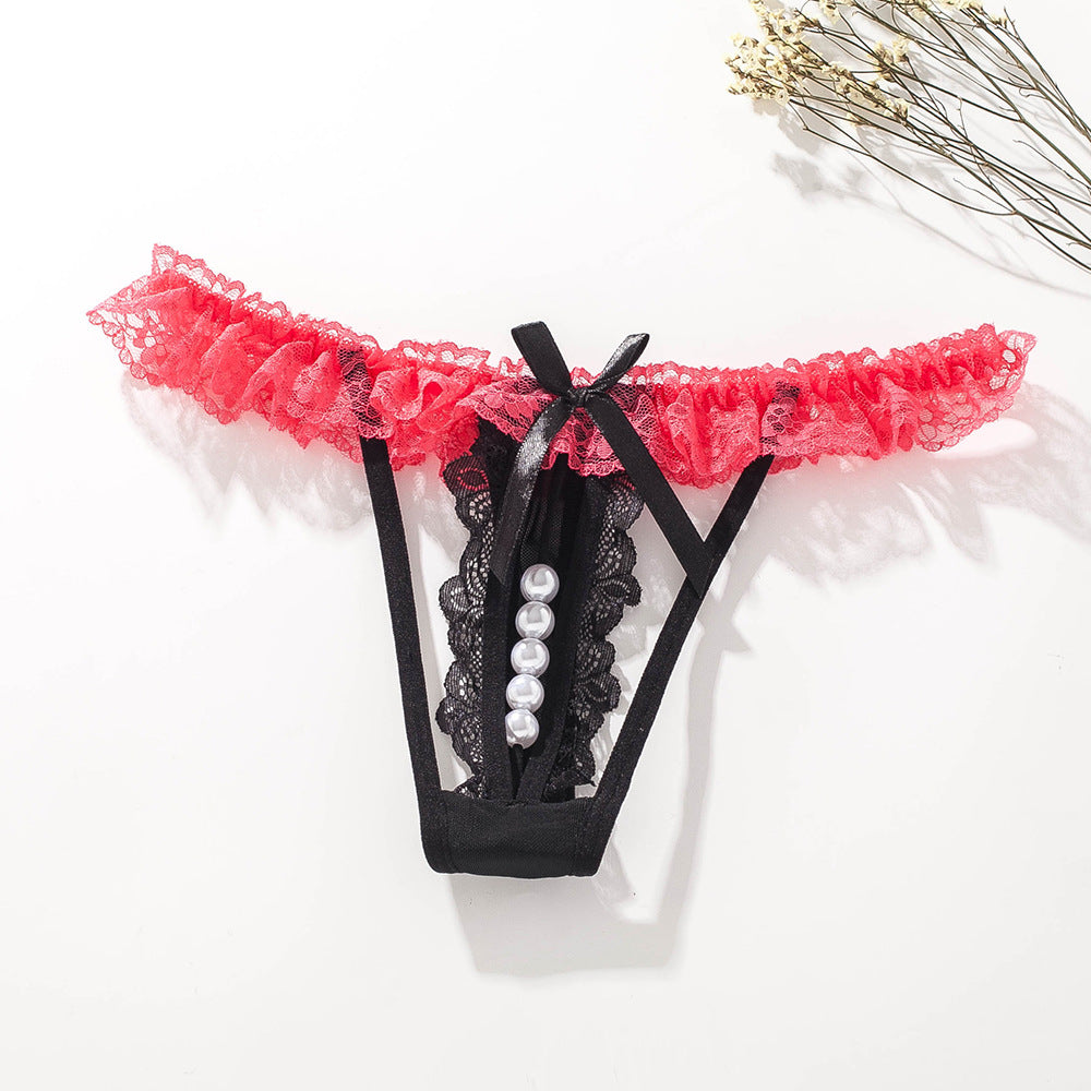 Sexy transparent lace low-rise pearl thong