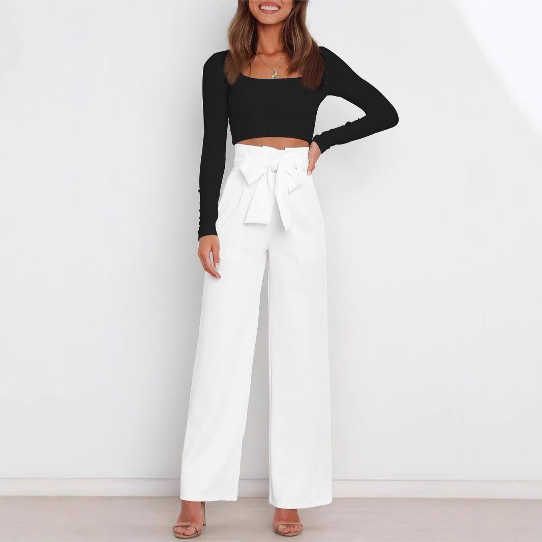 Wide-leg high-waisted lace-up dress pants woman