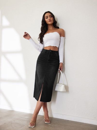 Stylish A-line Denim Skirt with Side Slit by Glamytek