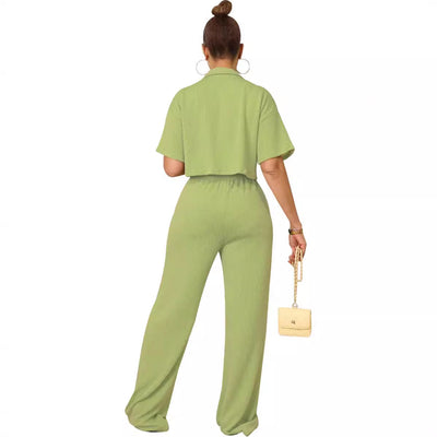 Shirt collar top, long casual wide-leg pants set by Glamytek