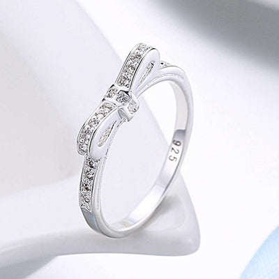 925 Sterling Silver Simple Bowknot Crystal Rings For Women by Glamytek