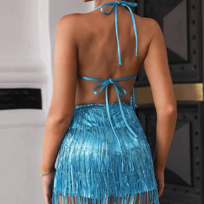 Backless Satin Halter Jumpsuit with Tassel Detail ? Slim-Fit Party Style for Women by Glamytek