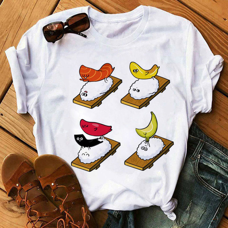 Summer Women Cute Sushi Hug Short Sleeve T-shirts by Glamytek
