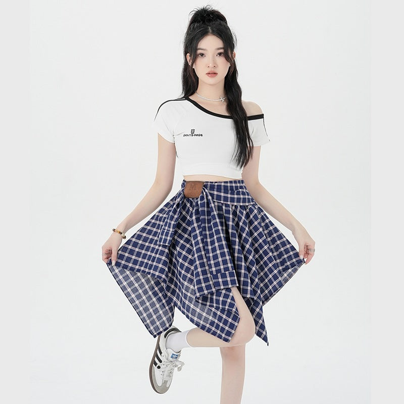 Asymmetrical Plaid A-Line Skirt with Tie Straps by Glamytek