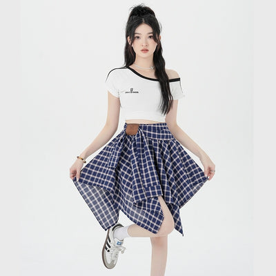Asymmetrical Plaid A-Line Skirt with Tie Straps by Glamytek