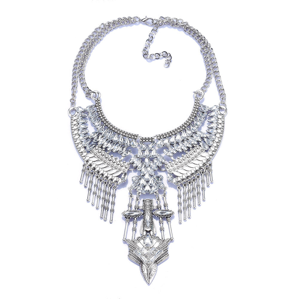 Inlaid antique silver clavicle stick with tasseled necklace