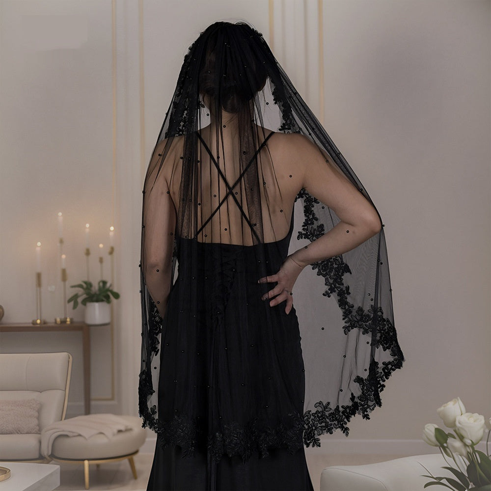 Exquisite Lace Black Veil Pearl Bridal Veil by Glamytek