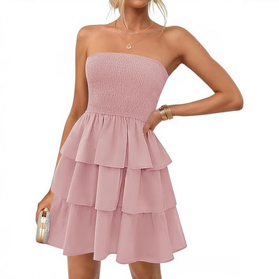 Women's Summer Pleated Tube Top Dress Off-the-shoulder Dress by Glamytek