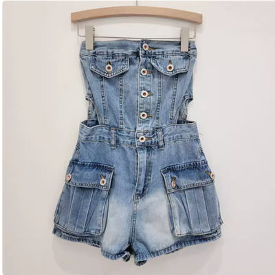 Button-Up Denim Shortalls