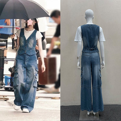 Wide-leg jeans vest-style jacket set for women by Glamytek