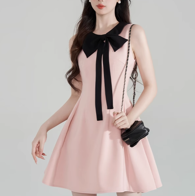 Tweed Style Pink Bows Halter Neck Dress