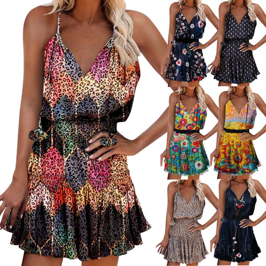 Women's Fashion Short Printed V-Neck Sleeveless Dress