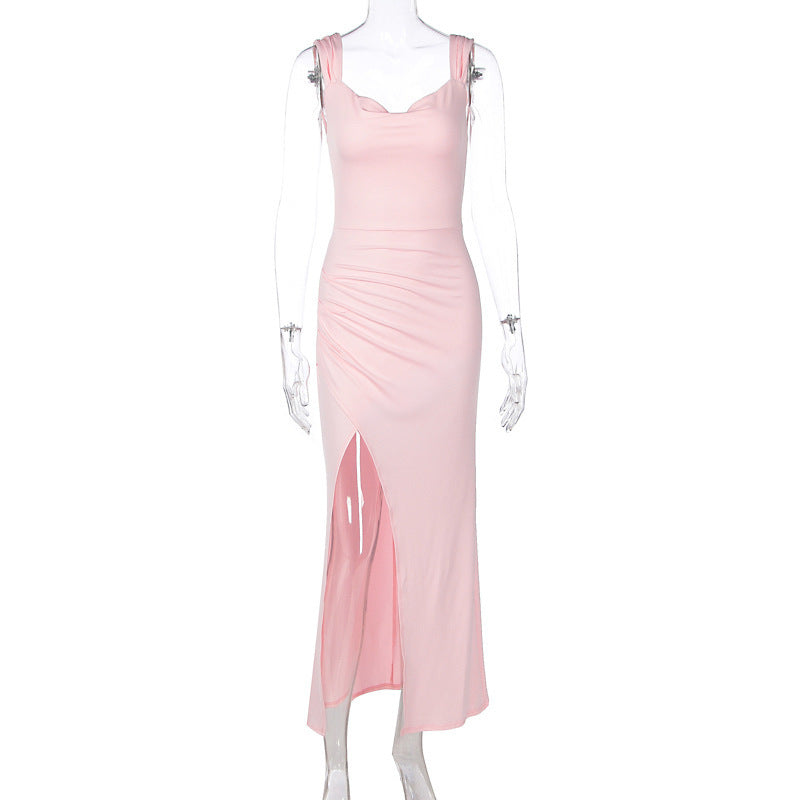 European and American women's spring and summer new fashion temperament solid color sleeveless backless back lace slim split dress wholesale by Glamytek