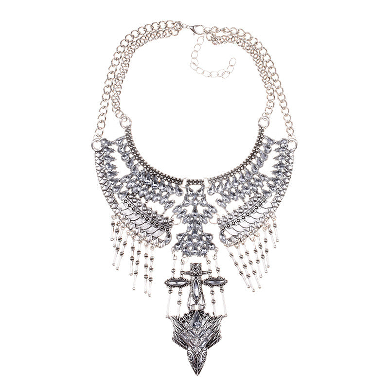 Inlaid antique silver clavicle stick with tasseled necklace