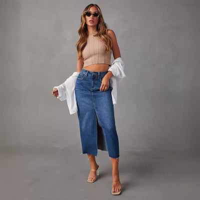 Stylish A-line Denim Skirt with Side Slit by Glamytek