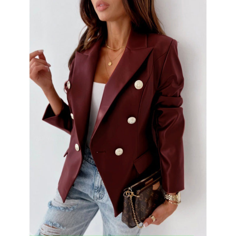 PU Leather Double Breasted Long Sleeve Street Style Suit