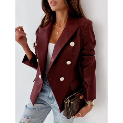 PU Leather Double Breasted Long Sleeve Street Style Suit