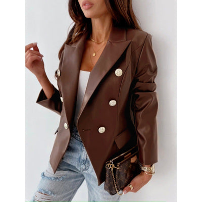 PU Leather Double Breasted Long Sleeve Street Style Suit