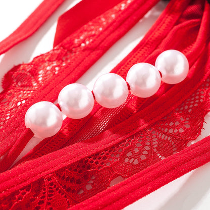 Sexy transparent lace low-rise pearl thong