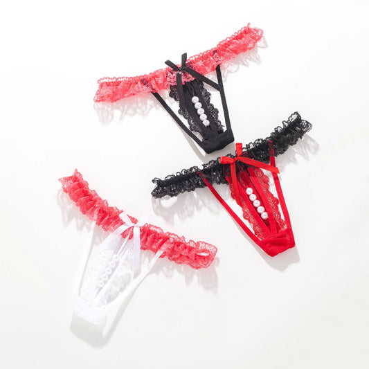 Sexy transparent lace low-rise pearl thong