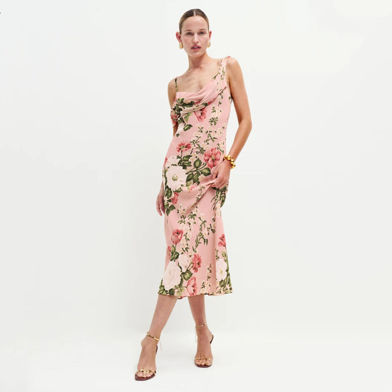 Printed mid-length V-neck halter dress