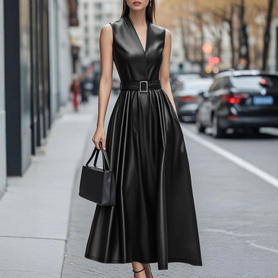 Fashionable Temperamental All-match Round Neck Sleeveless Belt Long Dress by Glamytek