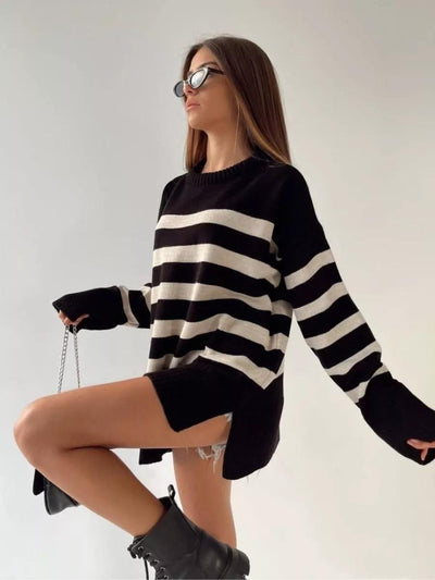Casual Striped Loose Crew Neck Pullover Sweater Coat by Glamytek